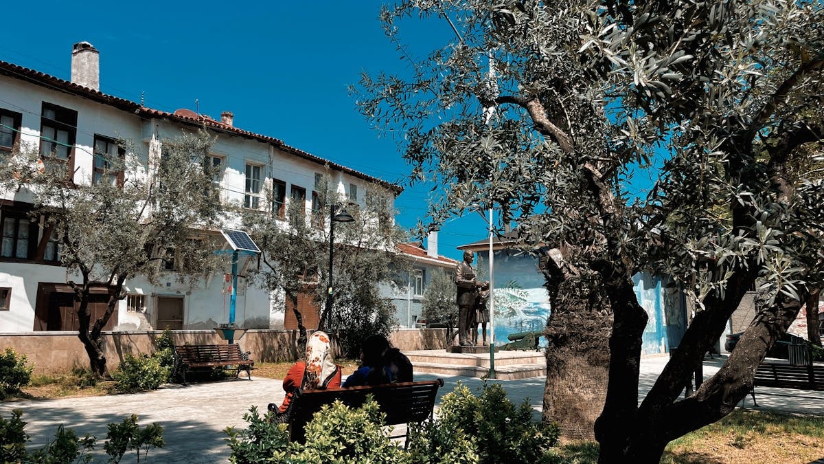 Peaceful village square with benches, olive trees, and historical buildings under clear blue sky.